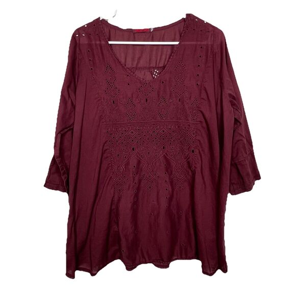 Johnny Was Large Peasant Top FEmbroidered Eyelit 3/4 Sleeve Blouse Wine Boho i29 - Picture 1 of 8